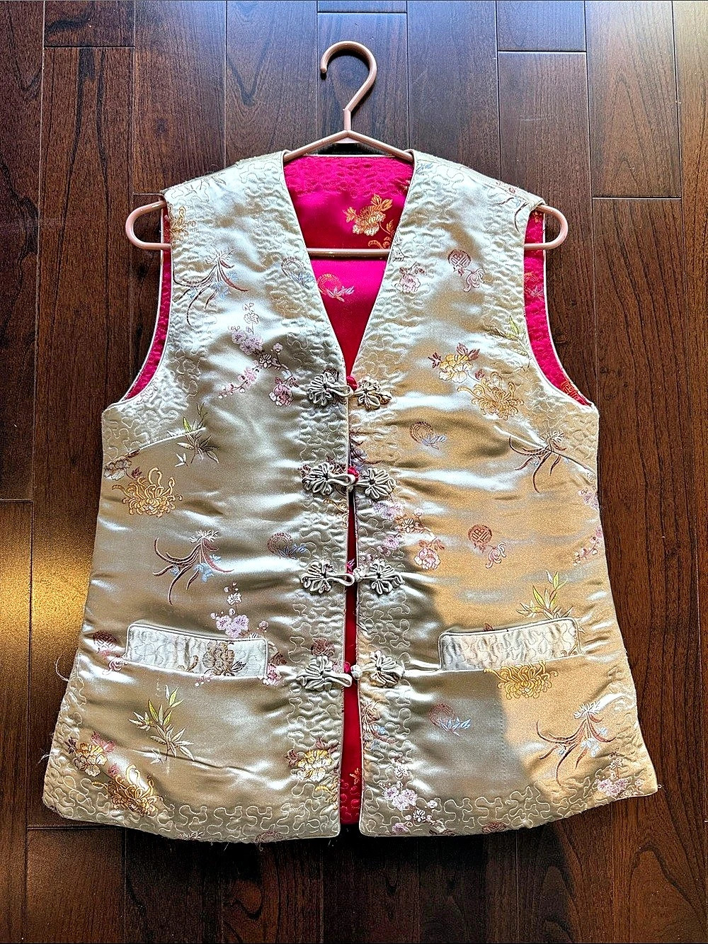 Reversible Floral Embroidered Vest in Pink & Gold
